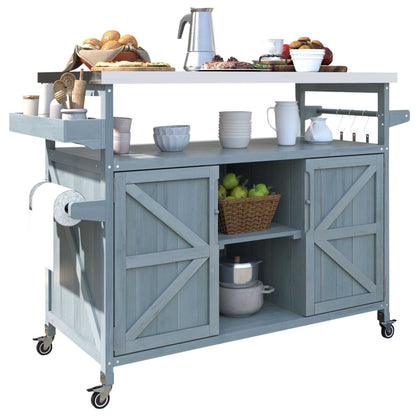 K&K Outdoor Kitchen Island, Rolling Bar Cart & Storage Cabinet, Farmhouse Solid Wood Outdoor Grill Table with Stainless Steel Top, Spice Rack , Towel Rack for Kitchen & BBQ , Grey Blue - luxuryhomedecoridea.com