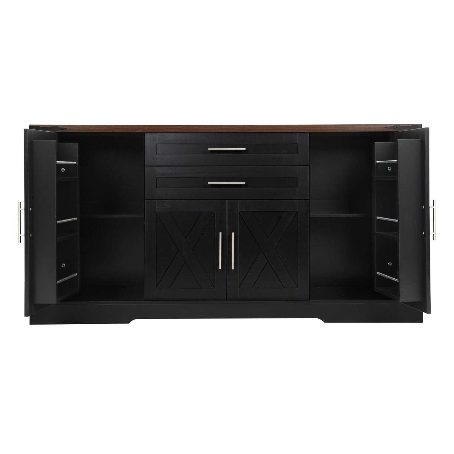 63" Farmhouse Barn Door Storage Cabinet with 2 Drawers & Door Rack, Large Buffet Table Coffee Bar Cabinets with Adjustable Shelves for Kitchen, Living Room, Entryway, Dining Room, Black - luxuryhomedecoridea.com
