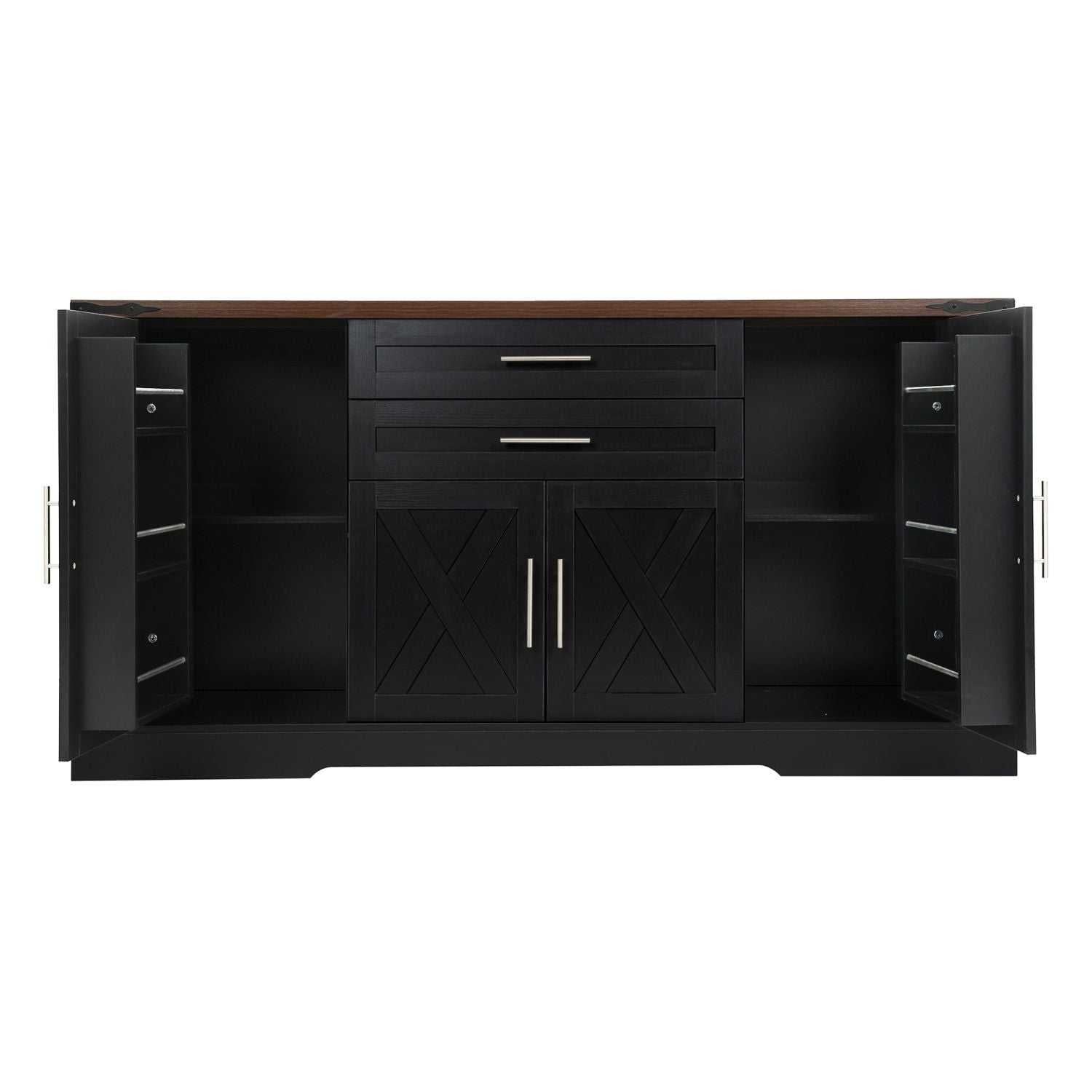 63" Farmhouse Barn Door Storage Cabinet with 2 Drawers & Door Rack, Large Buffet Table Coffee Bar Cabinets with Adjustable Shelves for Kitchen, Living Room, Entryway, Dining Room, Black - luxuryhomedecoridea.com