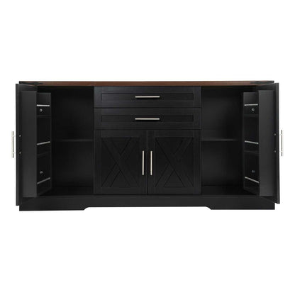 63" Farmhouse Barn Door Storage Cabinet with 2 Drawers & Door Rack, Large Buffet Table Coffee Bar Cabinets with Adjustable Shelves for Kitchen, Living Room, Entryway, Dining Room, Black - luxuryhomedecoridea.com