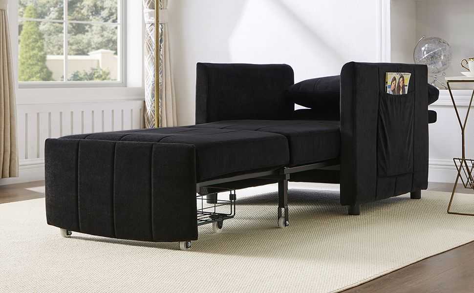 Upholstered Convertible Sleeper Sofa, 31.5" Pull Out Sofa Bed with 5-Position Adjustable Backrest, Side Pockets and a Storage Basket, Fold Out Chair Bed, Lounger For Living Room, Apartment, Black - luxuryhomedecoridea.com