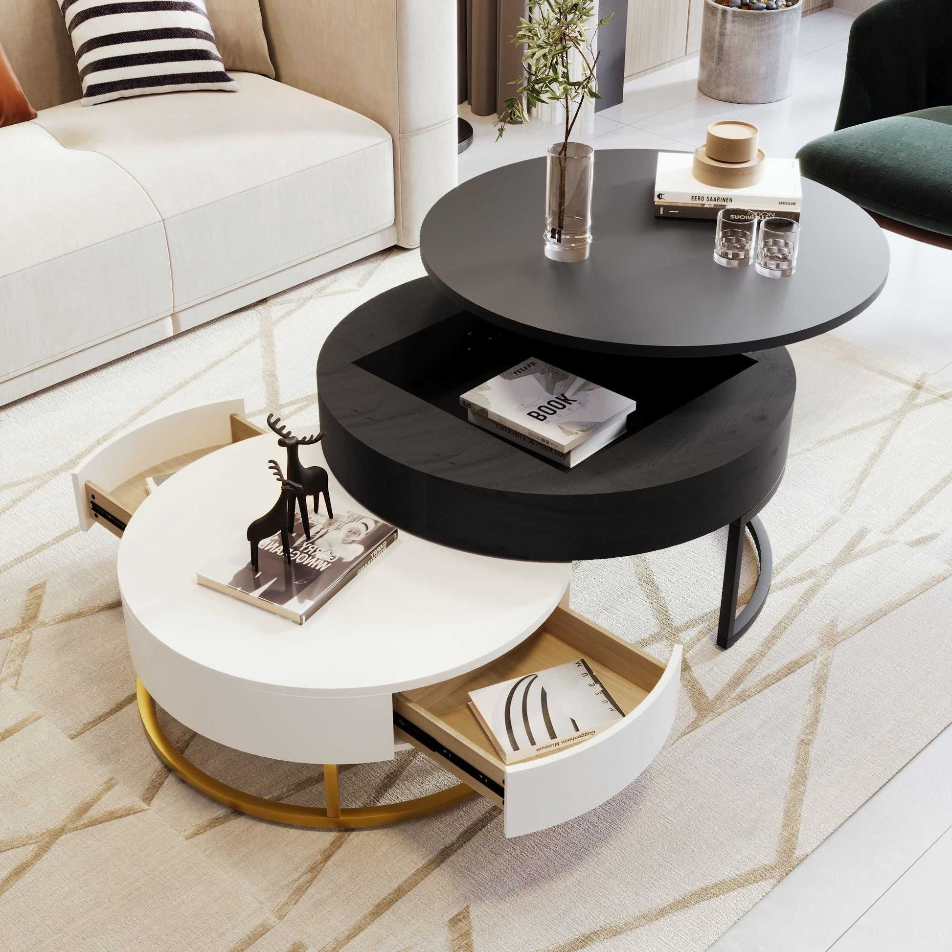 Modern Round Lift-top Nesting Coffee Tables with 2 Drawers - luxuryhomedecoridea.com