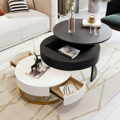 Modern Round Lift-top Nesting Coffee Tables with 2 Drawers - luxuryhomedecoridea.com