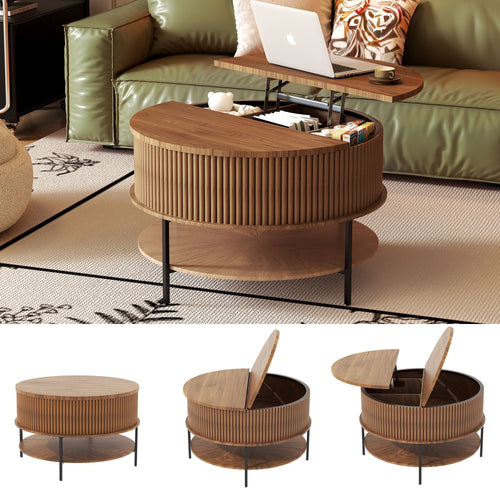 31.5 Inch Farmhouse Brown Lift Top Coffee Table, Round Storage Cocktail Table with Sturdy Steel Legs, Safe Round Design for Living Room, Office - luxuryhomedecoridea.com