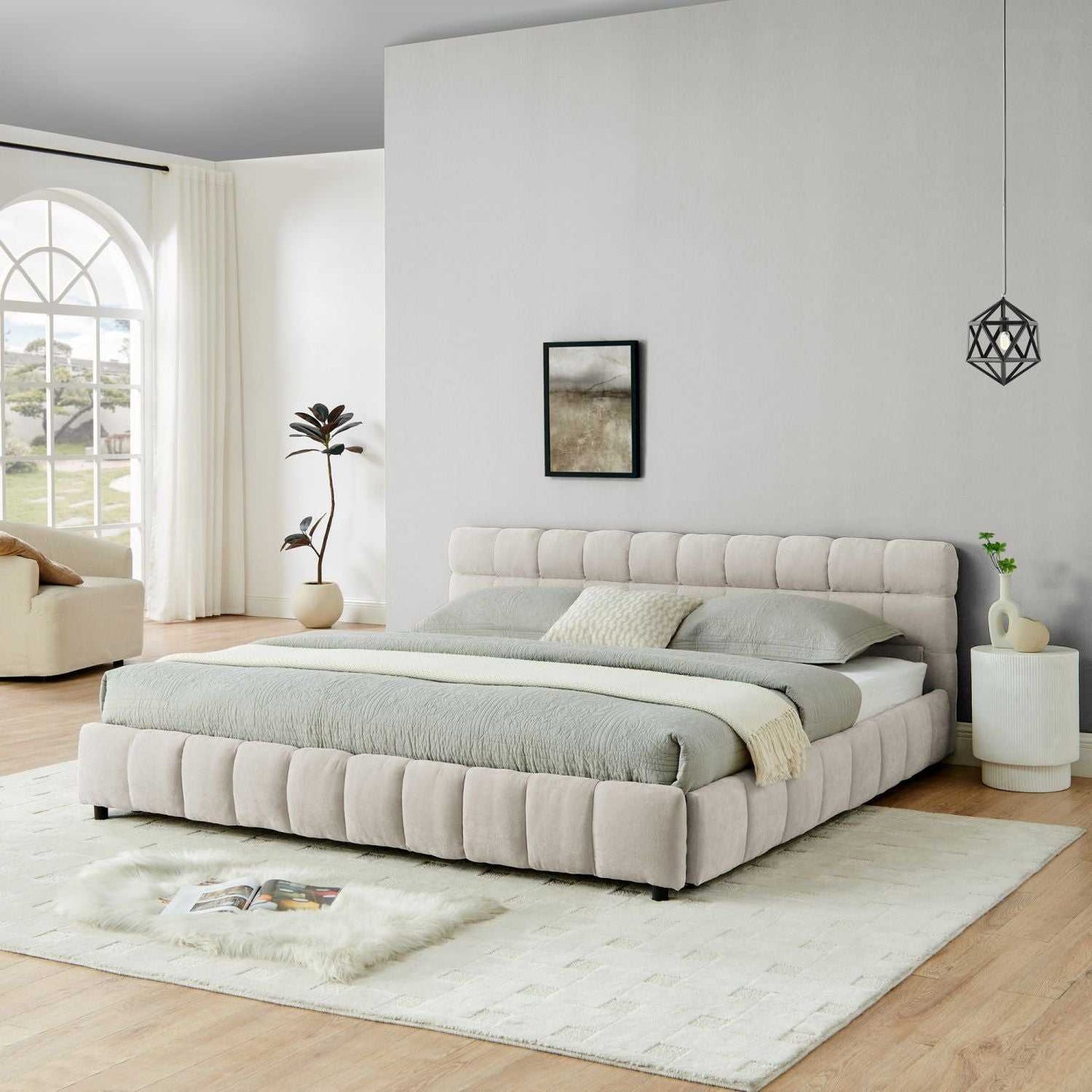 King Size Upholstered Bed ,comfortable upholstered bed frame, Chenille fabric, with headboard and solid bed frame. With drawer for storage.-Beige(88.5''*85.5''*31'') - luxuryhomedecoridea.com
