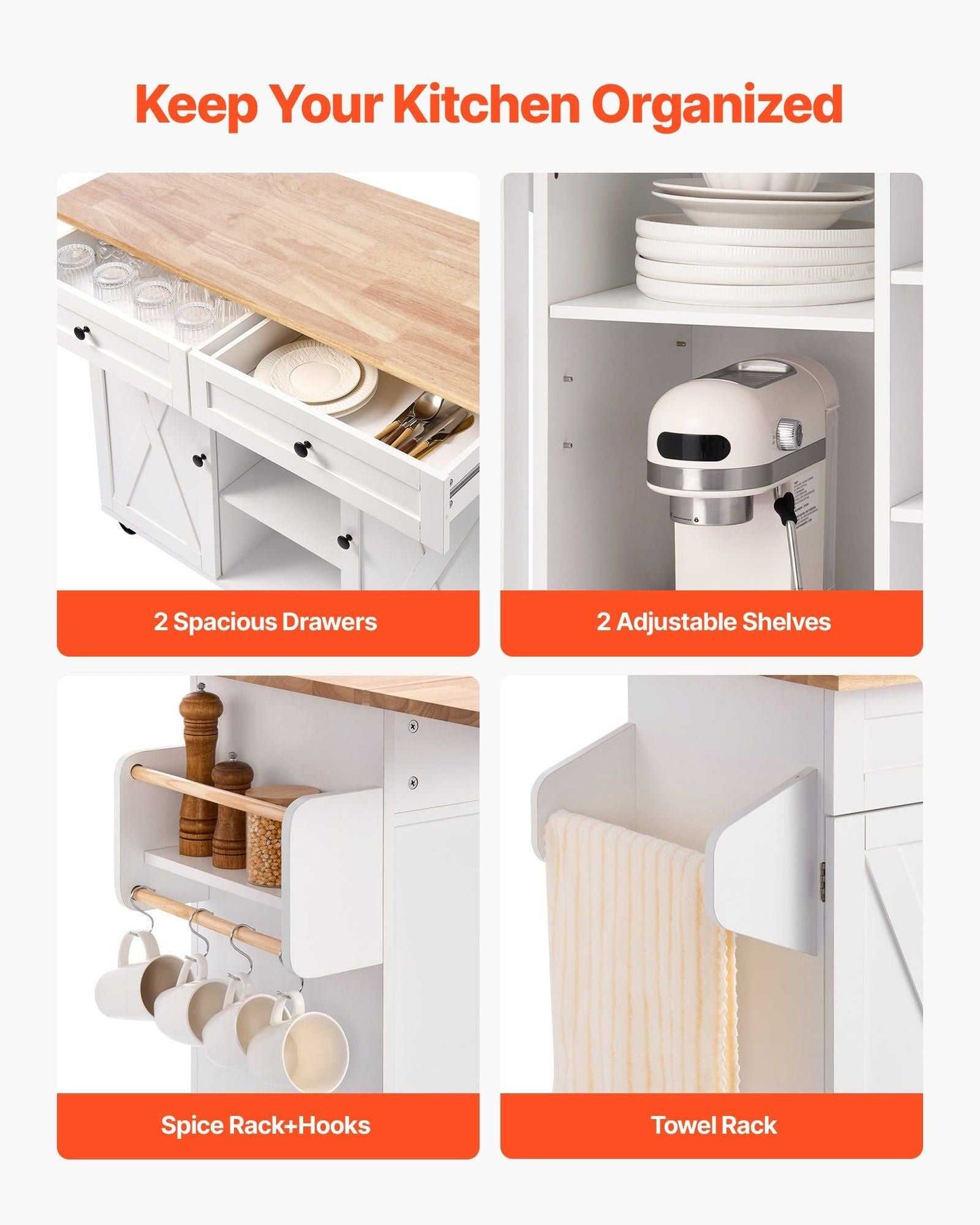 VEVOR Kitchen Island Cart, with Solid Wood Top and Storage Cabinet, Mobile Rolling Table with Drop Leaf, Drawers, Spice Towel Rack, Portable Islands on Swivel Wheels for Dining Room, 52in Width, White - luxuryhomedecoridea.com