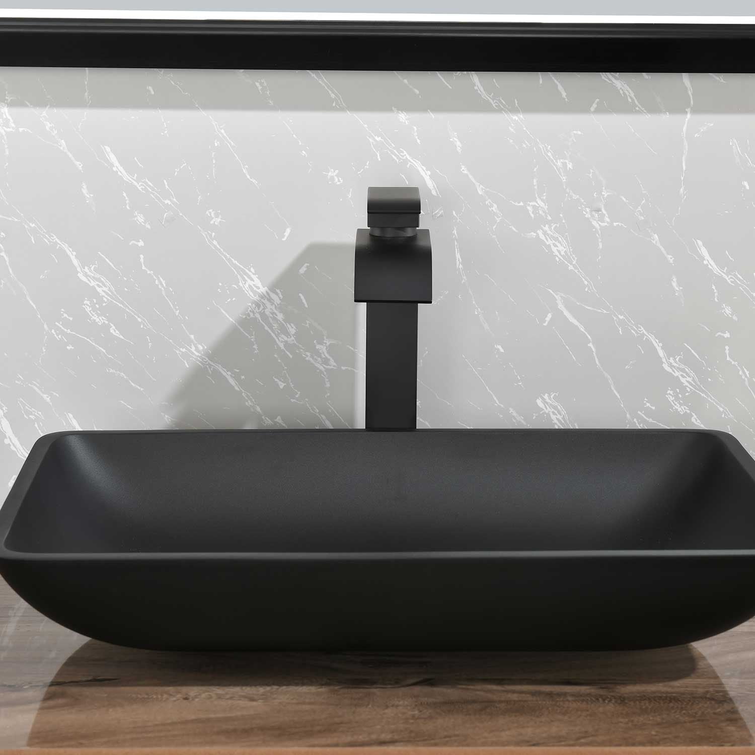 14.38" L -22.25" W -4-3/8 in. H Matte Shell Glass Rectangular Vessel Bathroom Sink in Black with Faucet and Pop-Up Drain in Matte Black - luxuryhomedecoridea.com
