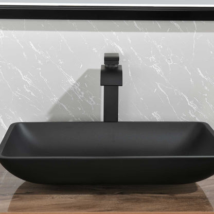 14.38" L -22.25" W -4-3/8 in. H Matte Shell Glass Rectangular Vessel Bathroom Sink in Black with Faucet and Pop-Up Drain in Matte Black - luxuryhomedecoridea.com