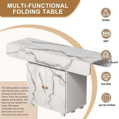 47" Wood Folding Dining Table with storage rack and cabinet, Removable Entryway Table with 6 Wheels, White Marble Color Kitchen Island, Side Table and Coffee Table Versatile Table Space Saving - luxuryhomedecoridea.com