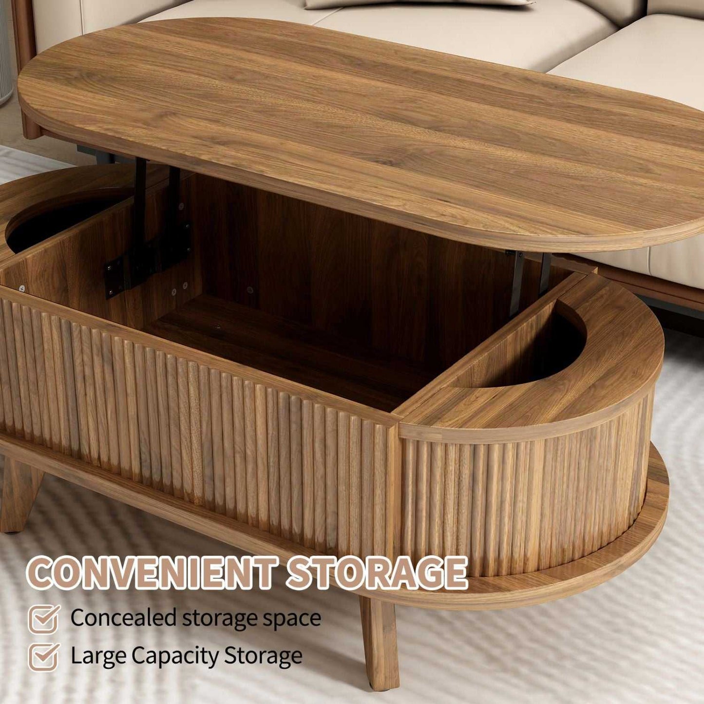 Fluted Lift Top Coffee Table with Hidden Compartment, Wooden Center Table, Modern Oval Lift Tabletop for Home Living Room Office, Walnut Brown Color - luxuryhomedecoridea.com