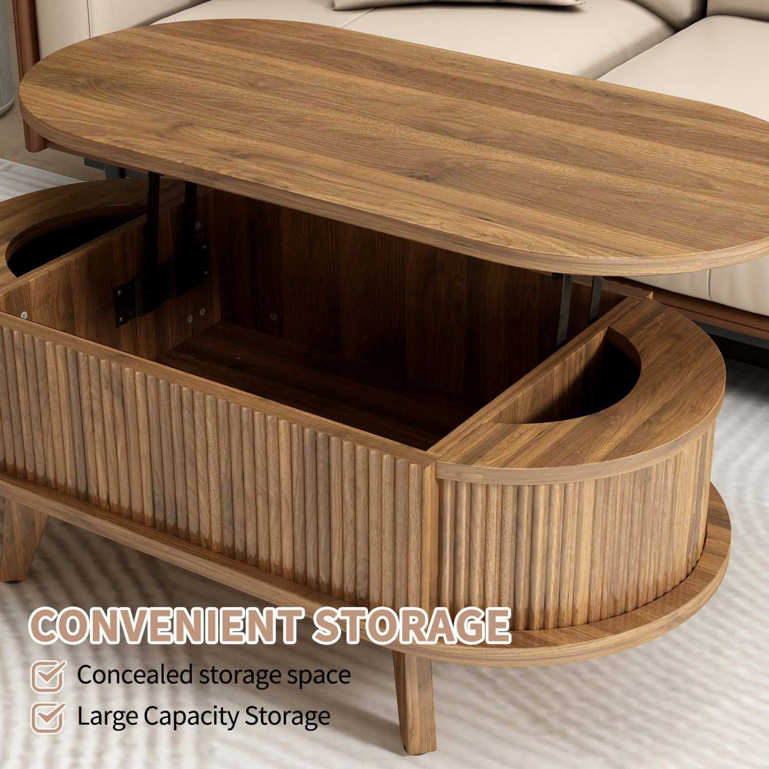 Fluted Lift Top Coffee Table with Hidden Compartment, Wooden Center Table, Modern Oval Lift Tabletop for Home Living Room Office, Walnut Brown Color - luxuryhomedecoridea.com