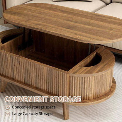Fluted Lift Top Coffee Table with Hidden Compartment, Wooden Center Table, Modern Oval Lift Tabletop for Home Living Room Office, Walnut Brown Color - luxuryhomedecoridea.com