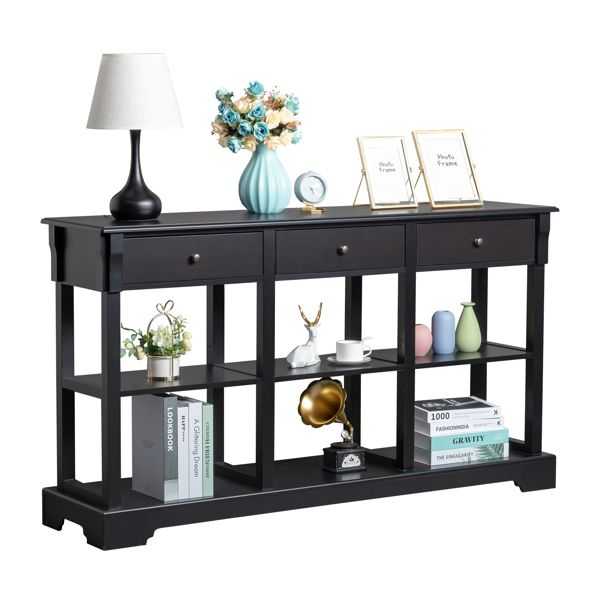 Console Sofa Table with Ample Storage; Retro Kitchen Buffet Cabinet Sideboard with Open Shelves and 3 Drawers; Accent Storage Cabinet for Entryway/Living Room Black Color - luxuryhomedecoridea.com