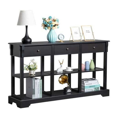 Console Sofa Table with Ample Storage; Retro Kitchen Buffet Cabinet Sideboard with Open Shelves and 3 Drawers; Accent Storage Cabinet for Entryway/Living Room Black Color - luxuryhomedecoridea.com