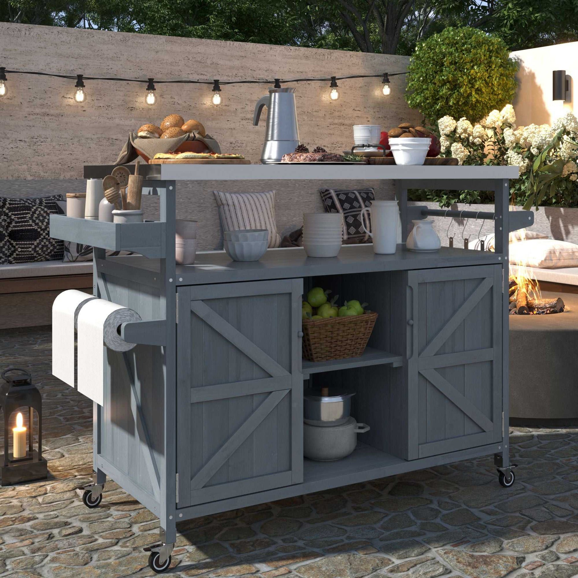 K&K Outdoor Kitchen Island, Rolling Bar Cart & Storage Cabinet, Farmhouse Solid Wood Outdoor Grill Table with Stainless Steel Top, Spice Rack , Towel Rack for Kitchen & BBQ , Grey Blue - luxuryhomedecoridea.com