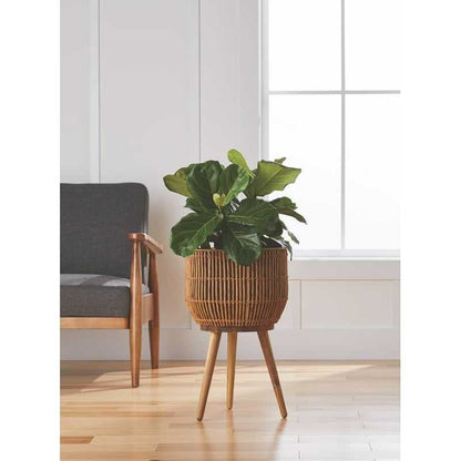 13 Inch Round Brown Resin Rattan Planter Stand with Acacia Wood Legs - luxuryhomedecoridea.com