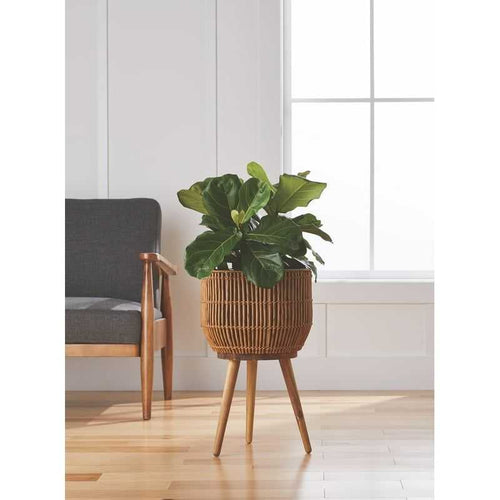 13 Inch Round Brown Resin Rattan Planter Stand with Acacia Wood Legs - luxuryhomedecoridea.com