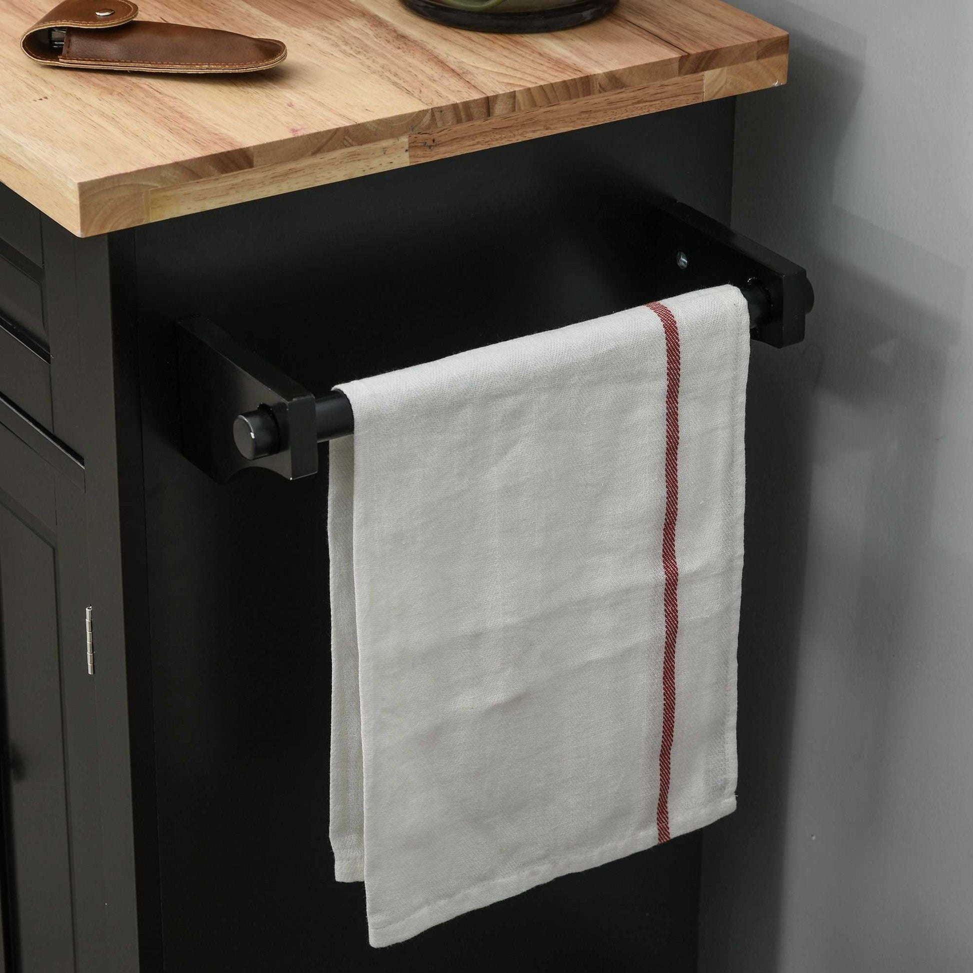 Kitchen Island Cart with Rubber Wood Top, Rolling Kitchen Island Table on Wheels with Drawers, Adjustable Shelves, Spice Rack and Towel Rack for Dining Room, Black - luxuryhomedecoridea.com
