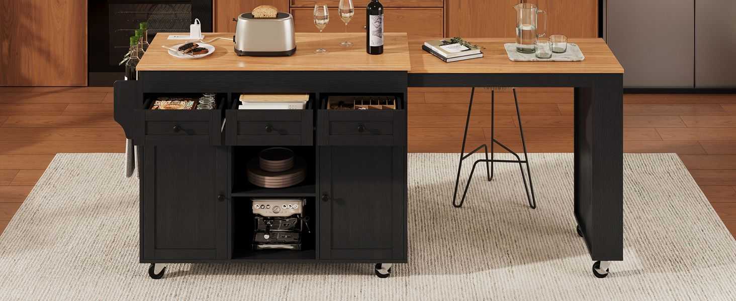 K&K 85.5" Kitchen Island with Extendable Dining Table, Kitchen Storage Table with 3 Side Open Shelves, Rolling Kitchen Island with Power Outlet, 3 Drawers, 2 Doors, for Kitchen, Dining Room, Black - luxuryhomedecoridea.com