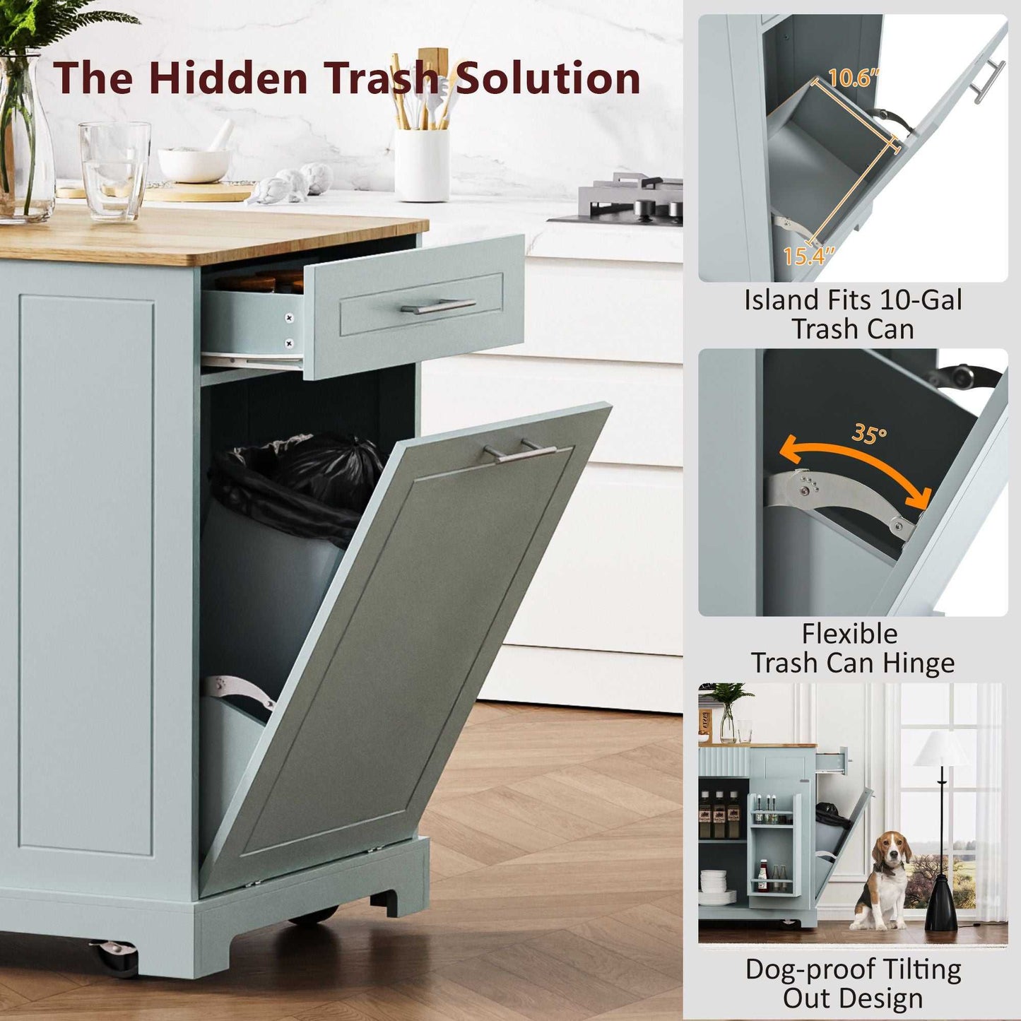 Fluted Kitchen Island with Trash Can Storage Cabinet, Power Outlet, Internal Storage Rack, Rolling Kitchen Islands on 5 Wheels with 3 Drawer, 3 Open Side Racks for 10 Gallon Garbage Bin - luxuryhomedecoridea.com
