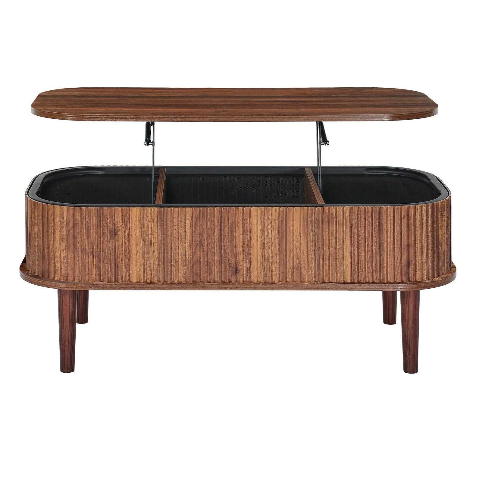 39.4 in Lift Top Coffee Table, Fluted Oval Coffee Table with 3 Hidden Compartment, Mid Century Wooden Oval Center Desk with Storage, Lift Up Tabletop for Home & Office, Easy Assembly, Walnut - luxuryhomedecoridea.com