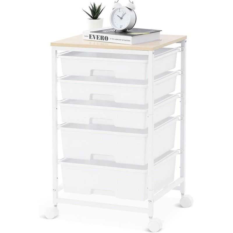 Utility Cart with 5 Drawers,Storage Drawer Cart with Wooden Tabletop and Lockable Wheels,Craft Storage Trolley Cart,5-Tier Rolling Utility Cart on Wheels,Bright White - luxuryhomedecoridea.com