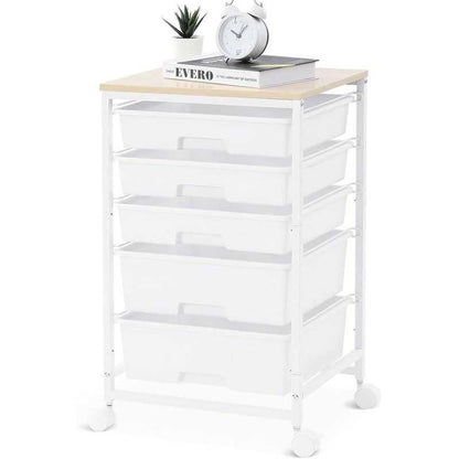 Utility Cart with 5 Drawers,Storage Drawer Cart with Wooden Tabletop and Lockable Wheels,Craft Storage Trolley Cart,5-Tier Rolling Utility Cart on Wheels,Bright White - luxuryhomedecoridea.com