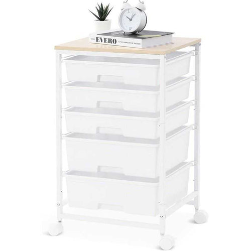 Utility Cart with 5 Drawers,Storage Drawer Cart with Wooden Tabletop and Lockable Wheels,Craft Storage Trolley Cart,5-Tier Rolling Utility Cart on Wheels,Bright White - luxuryhomedecoridea.com