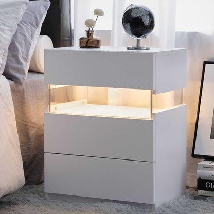 LED Nightstands 3 Drawer Dresser for Bedroom End Table with Acrylic Board LED Bedside Tables for Bedroom Living Room Bedside Furniture (White) - luxuryhomedecoridea.com