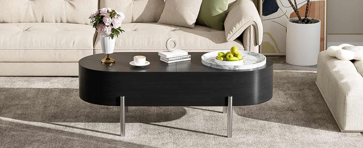 U-Can 47.2''Lift Top Coffee Table with 360-degree Marble-patterned rotating tray,Hidden Compartment, Partially Assembled Wooden Center Table, Modern Oval Lift Tabletop for Home Living Room - luxuryhomedecoridea.com
