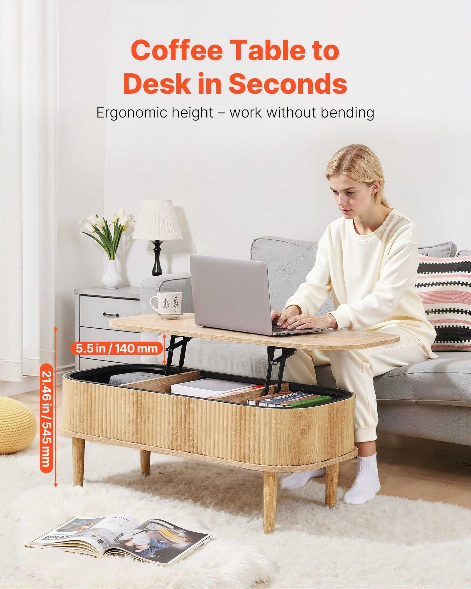 39.4 in Lift Top Coffee Table, Fluted Oval Coffee Table with 3 Hidden Compartment, Mid Century Wooden Oval Center Desk with Storage, Lift Up Tabletop for Home & Office, Easy Assembly, Burlywood - luxuryhomedecoridea.com