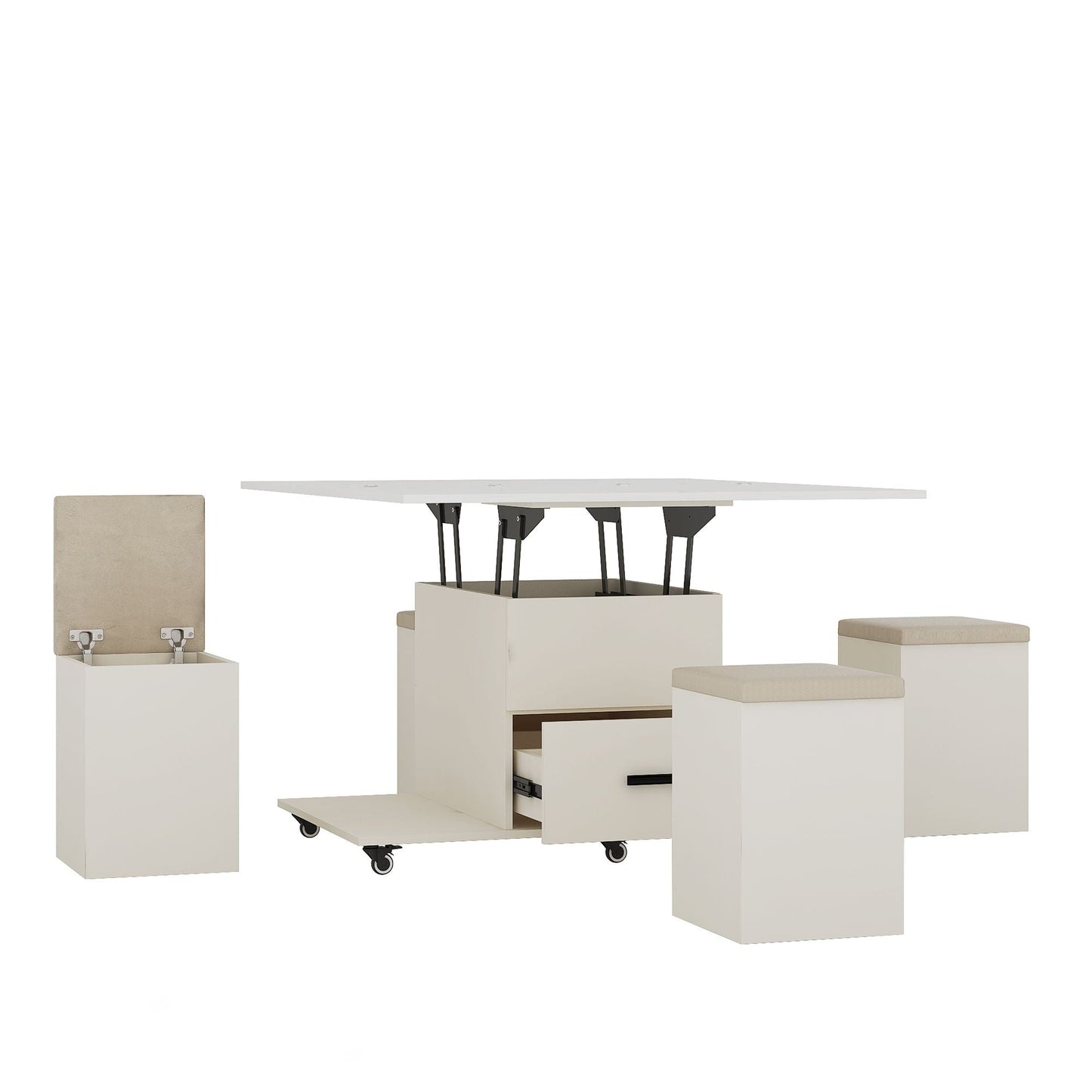 Modern Lift-Up Coffee Table with 4 Stools Set for Living Room Expandable 1 Hidden Storage + 2 Drawers Space Saving Folding Dining Table - luxuryhomedecoridea.com