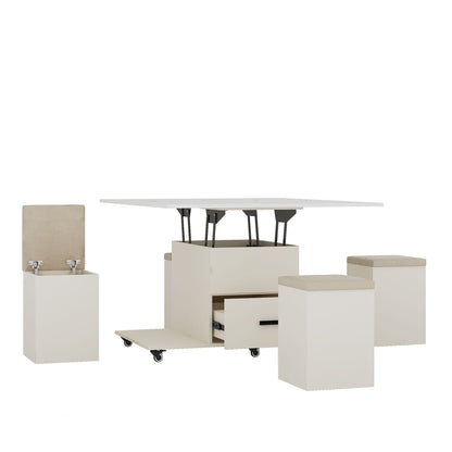 Modern Lift-Up Coffee Table with 4 Stools Set for Living Room Expandable 1 Hidden Storage + 2 Drawers Space Saving Folding Dining Table - luxuryhomedecoridea.com