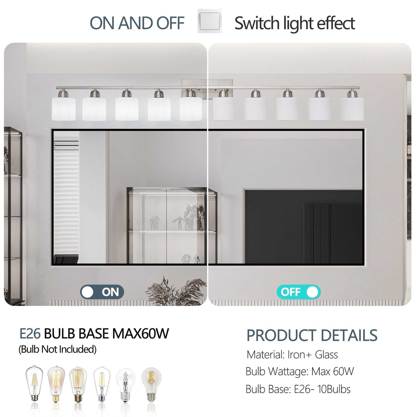 10-Light Bathroom Light Fixtures, 6552inch Nickel Vanity Light with Milky White Glass Shade, Modern Bathroom Wall Lights Over Mirror, Farmhouse Wall Sconces Lighting for Bedroom Living Room - luxuryhomedecoridea.com