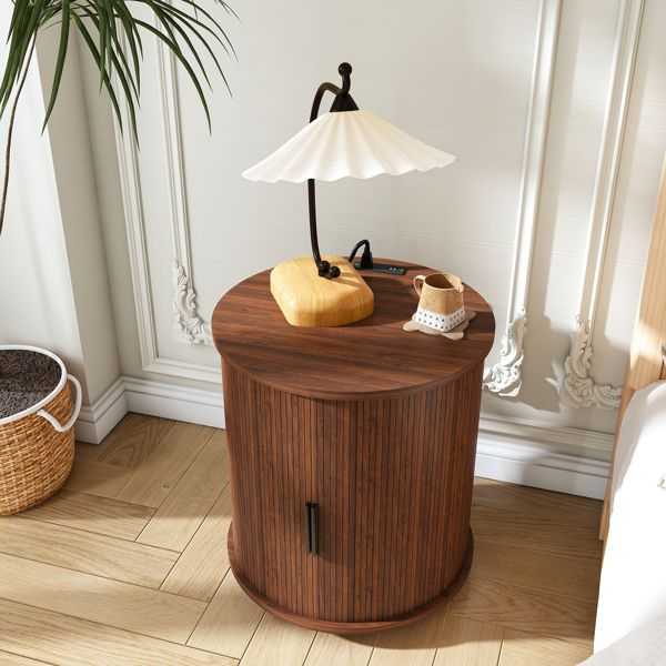 Mid Century Modern Cylinder End Table with Built-in Charging Station & Sliding Door, 2-Tier Storage Round Nightstand with USB Ports, Walnut Bedside Table for Living Room, Bedroom, Entryway - luxuryhomedecoridea.com