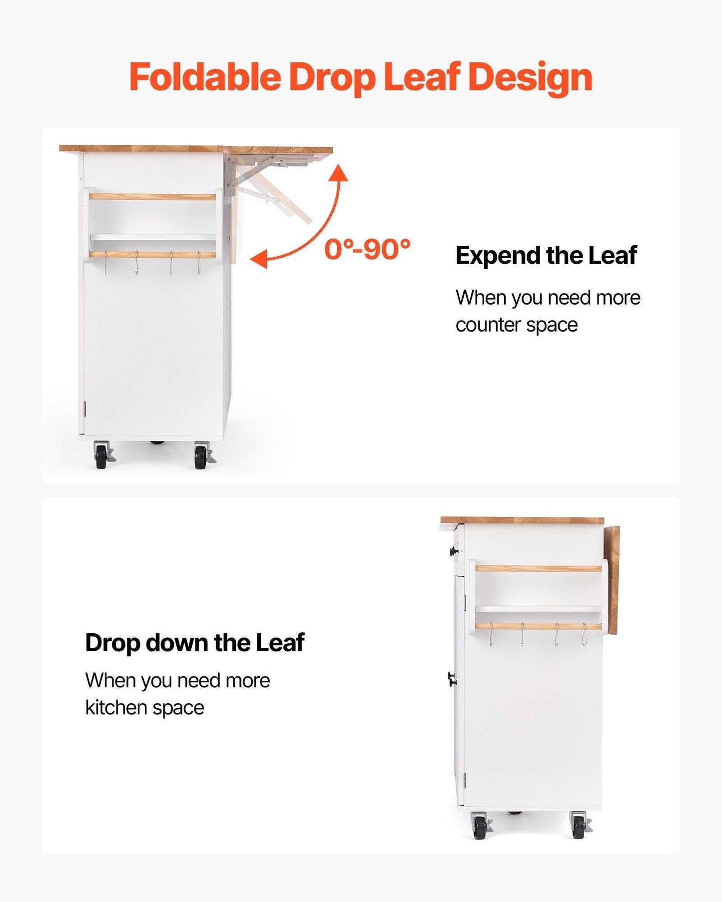 VEVOR Kitchen Island Cart, with Solid Wood Top and Storage Cabinet, Mobile Rolling Table with Drop Leaf, Drawers, Spice Towel Rack, Portable Islands on Swivel Wheels for Dining Room, 52in Width, White - luxuryhomedecoridea.com
