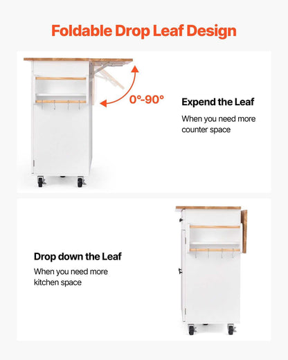 VEVOR Kitchen Island Cart, with Solid Wood Top and Storage Cabinet, Mobile Rolling Table with Drop Leaf, Drawers, Spice Towel Rack, Portable Islands on Swivel Wheels for Dining Room, 52in Width, White - luxuryhomedecoridea.com