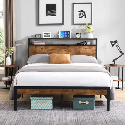 Queen Size Metal Platform Bed Frame with Wooden Headboard and Footboard with USB LINER, No Box Spring Needed, Large Under Bed Storage, Easy Assemble - luxuryhomedecoridea.com