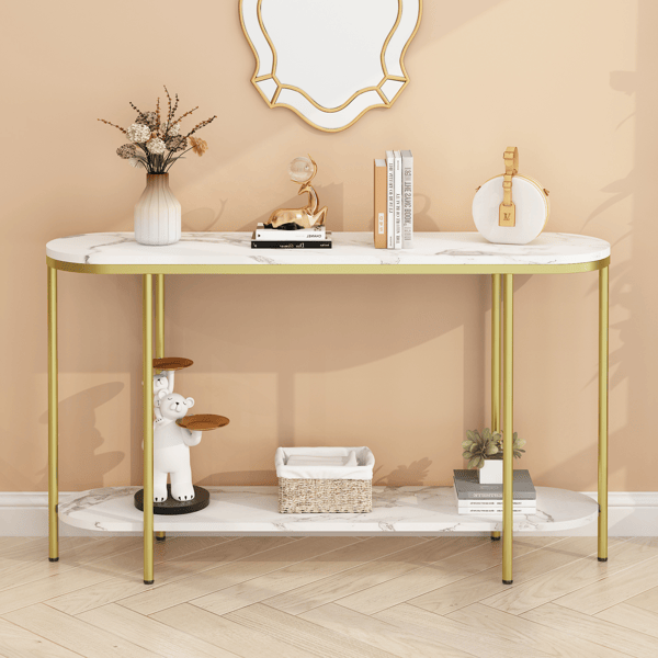 2-Tier Oval Console Table, White Faux Marble Top with Gold Metal Frame, Modern Entryway Table with Open Shelf, 42.1"×11.4"×30.5" Narrow Sofa Table for Hallway, Living Room & Foyer - luxuryhomedecoridea.com