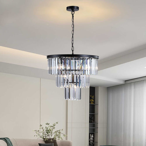 (NEW SKU:W1340P189315) 20" Modern Crystal Chandelier with Black Finish – Elegant 7-Light Pendant Light with 3 Tier Crystal Strands for Dining Room, Living Room, or Bedroom (Bulb Not Included) - luxuryhomedecoridea.com