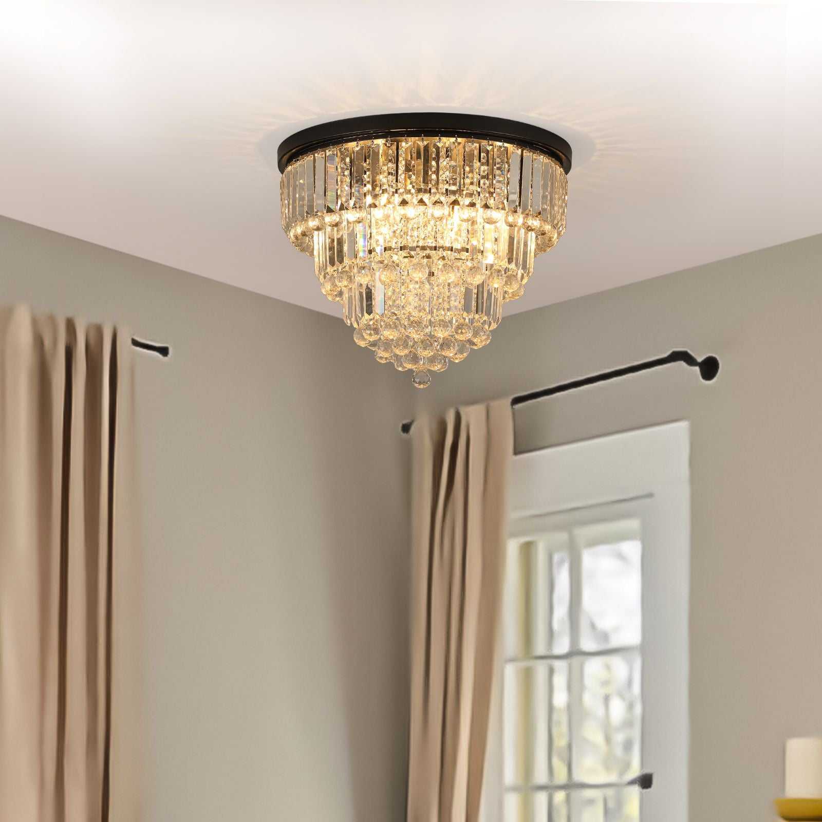 20" Luxury Crystal Flush Mount Ceiling Light with Black Finish – Elegant 6-Light Chandelier for Living Room, Dining Room, or Bedroom (Bulb Not Included) - luxuryhomedecoridea.com
