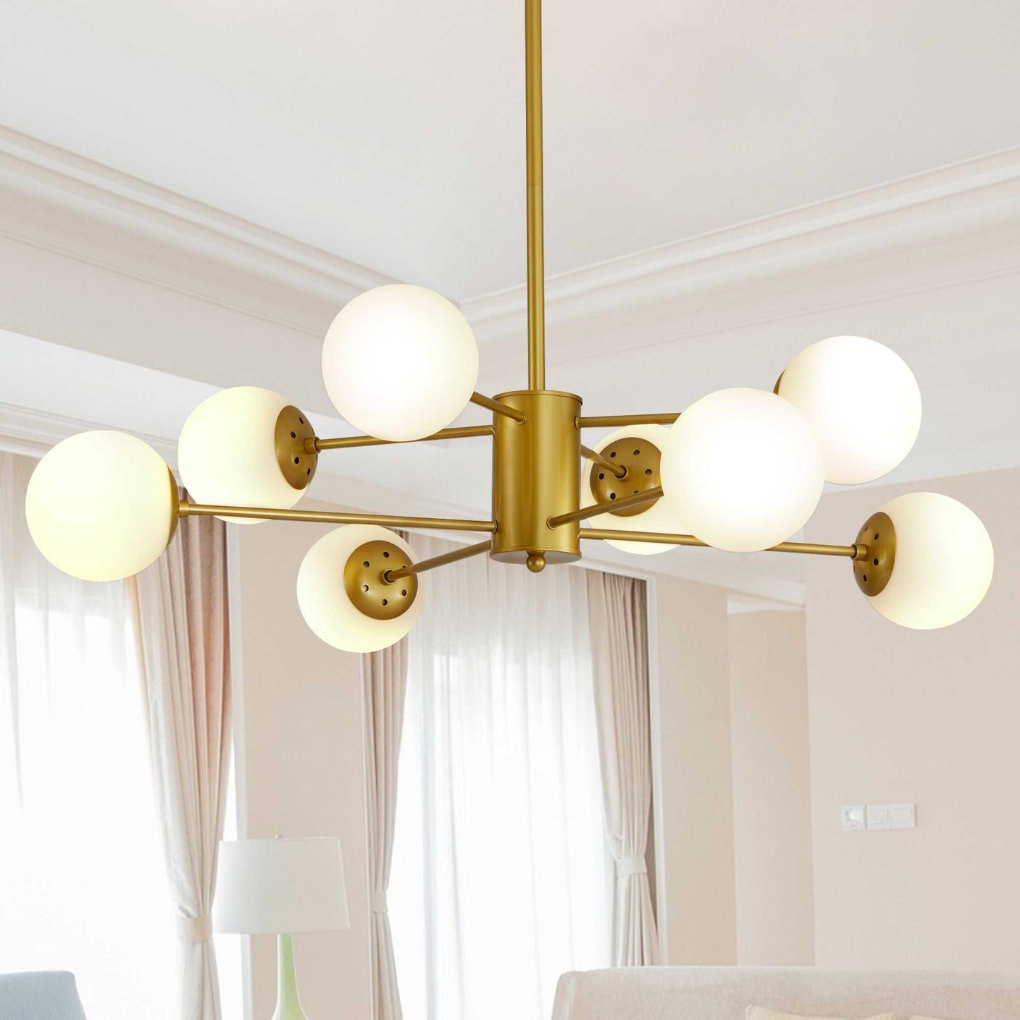 35" Modern 8-Light Gold Chandelier with White Glass Globe Shades, Mid-Century Branching Design, Elegant Ceiling Light Fixture for Dining Room, Living Room, or Bedroom (No Bulbs) - luxuryhomedecoridea.com