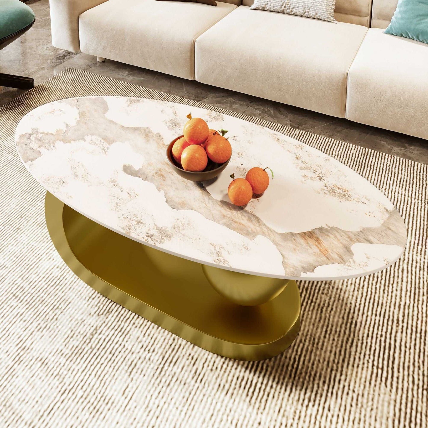 Modern Oval Coffee Table for Living Room, Marble Pattern Sintered Stone Coffee Tabletop with Gold Stainless Steel Base in 47.2" - luxuryhomedecoridea.com