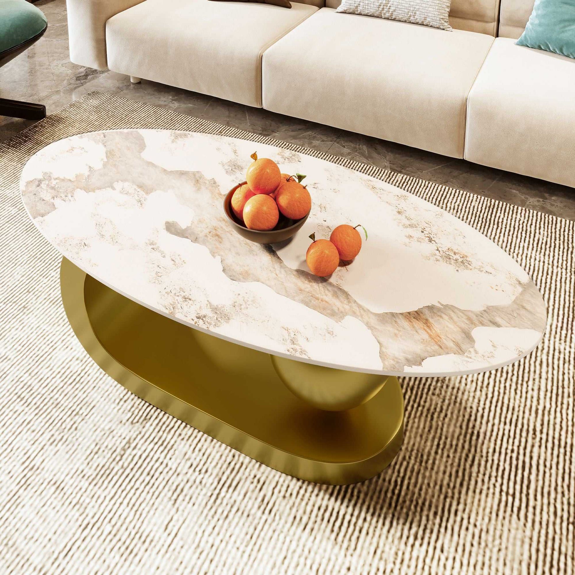 Modern Oval Coffee Table for Living Room, Marble Pattern Sintered Stone Coffee Tabletop with Gold Stainless Steel Base in 47.2" - luxuryhomedecoridea.com