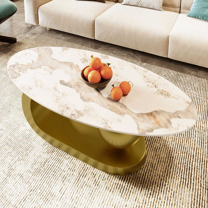 Modern Oval Coffee Table for Living Room, Marble Pattern Sintered Stone Coffee Tabletop with Gold Stainless Steel Base in 47.2" - luxuryhomedecoridea.com