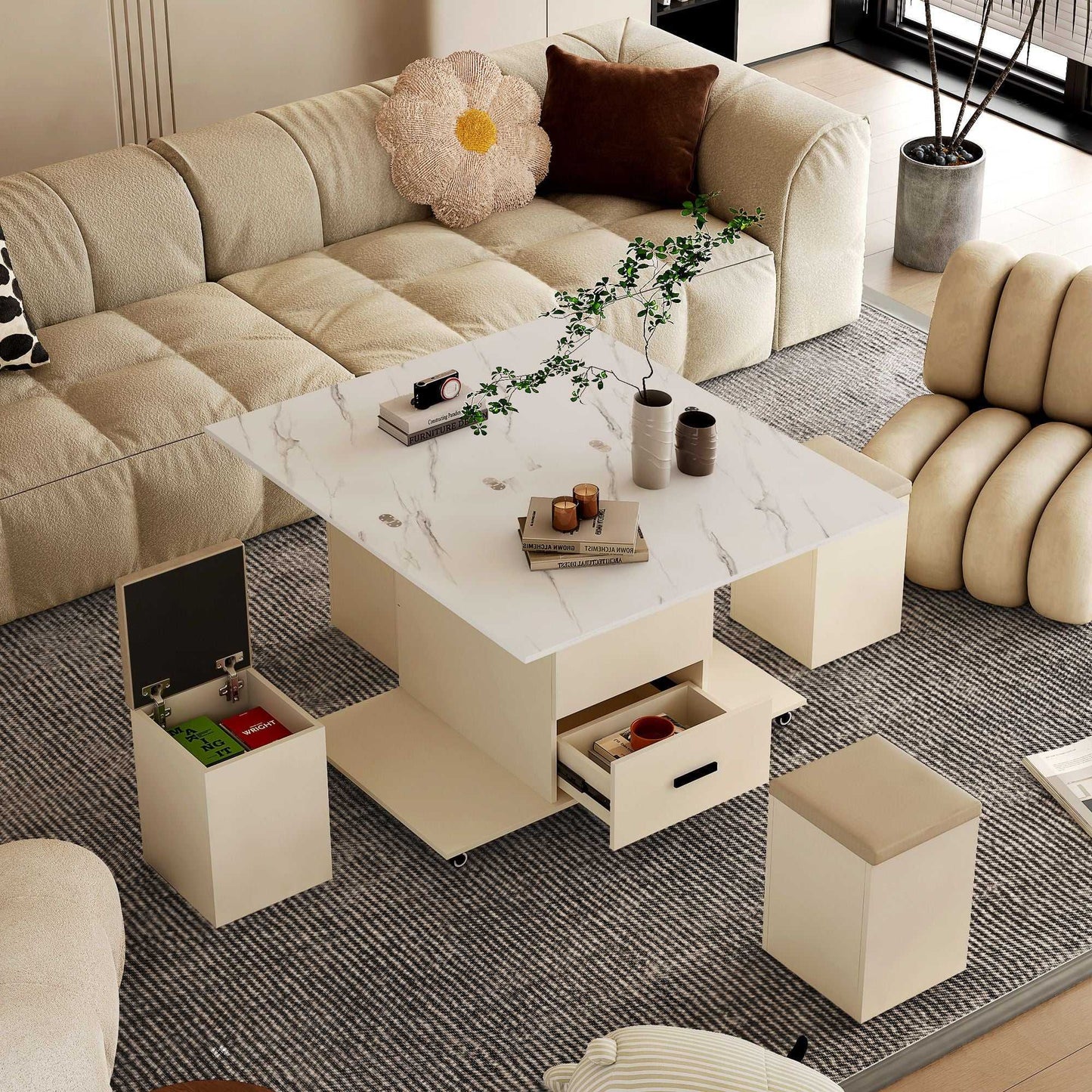 Modern Lift-Up Coffee Table with 4 Stools Set for Living Room Expandable 1 Hidden Storage + 2 Drawers Space Saving Folding Dining Table - luxuryhomedecoridea.com