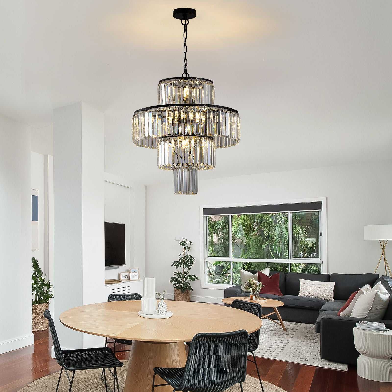 20" Modern Crystal Chandelier with Black Finish, 4-Tier Design for Dining Room or Living Room, Elegant Crystal Pendant Light Fixture (Bulb Not Included) - luxuryhomedecoridea.com