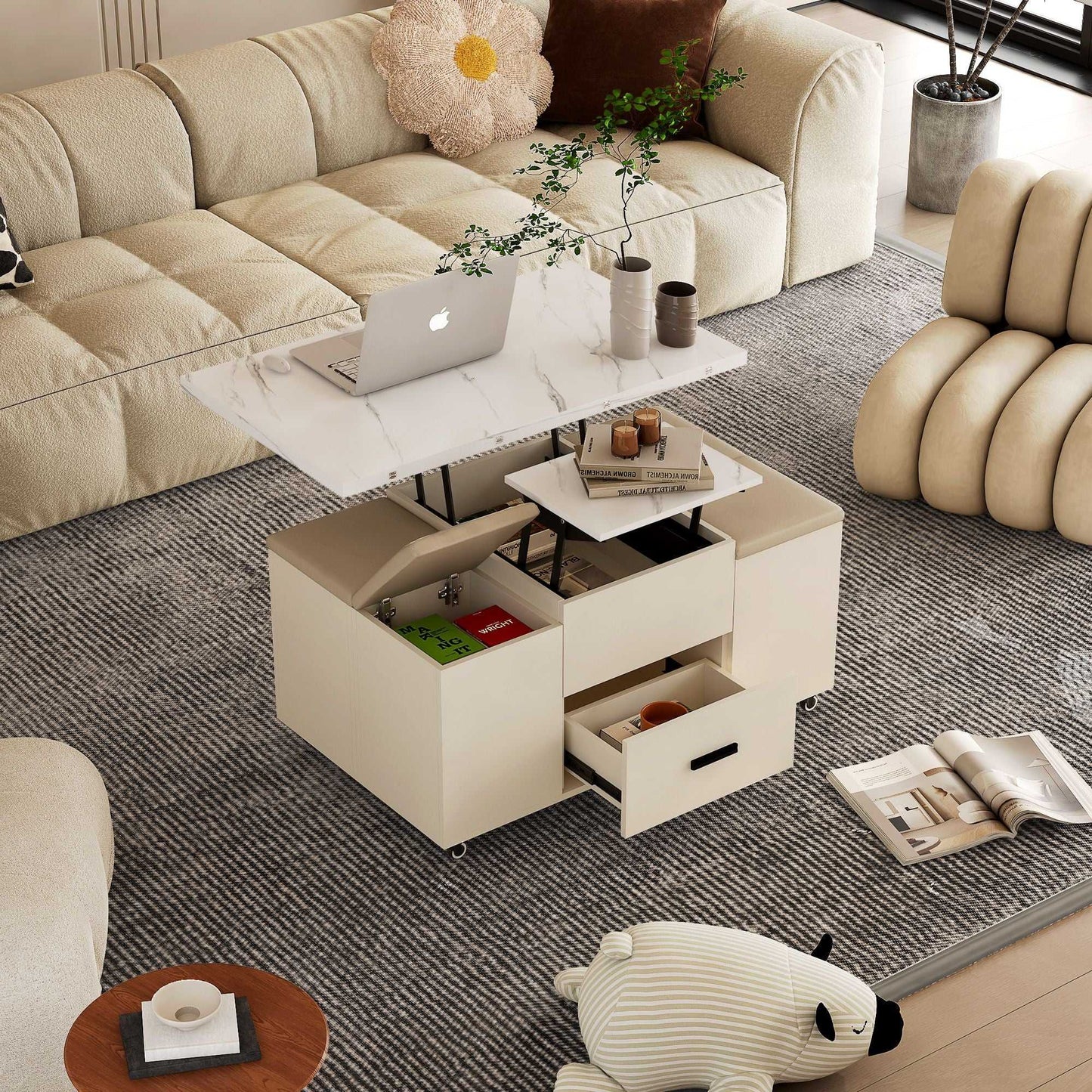 Modern Lift-Up Coffee Table with 4 Stools Set for Living Room Expandable 1 Hidden Storage + 2 Drawers Space Saving Folding Dining Table - luxuryhomedecoridea.com