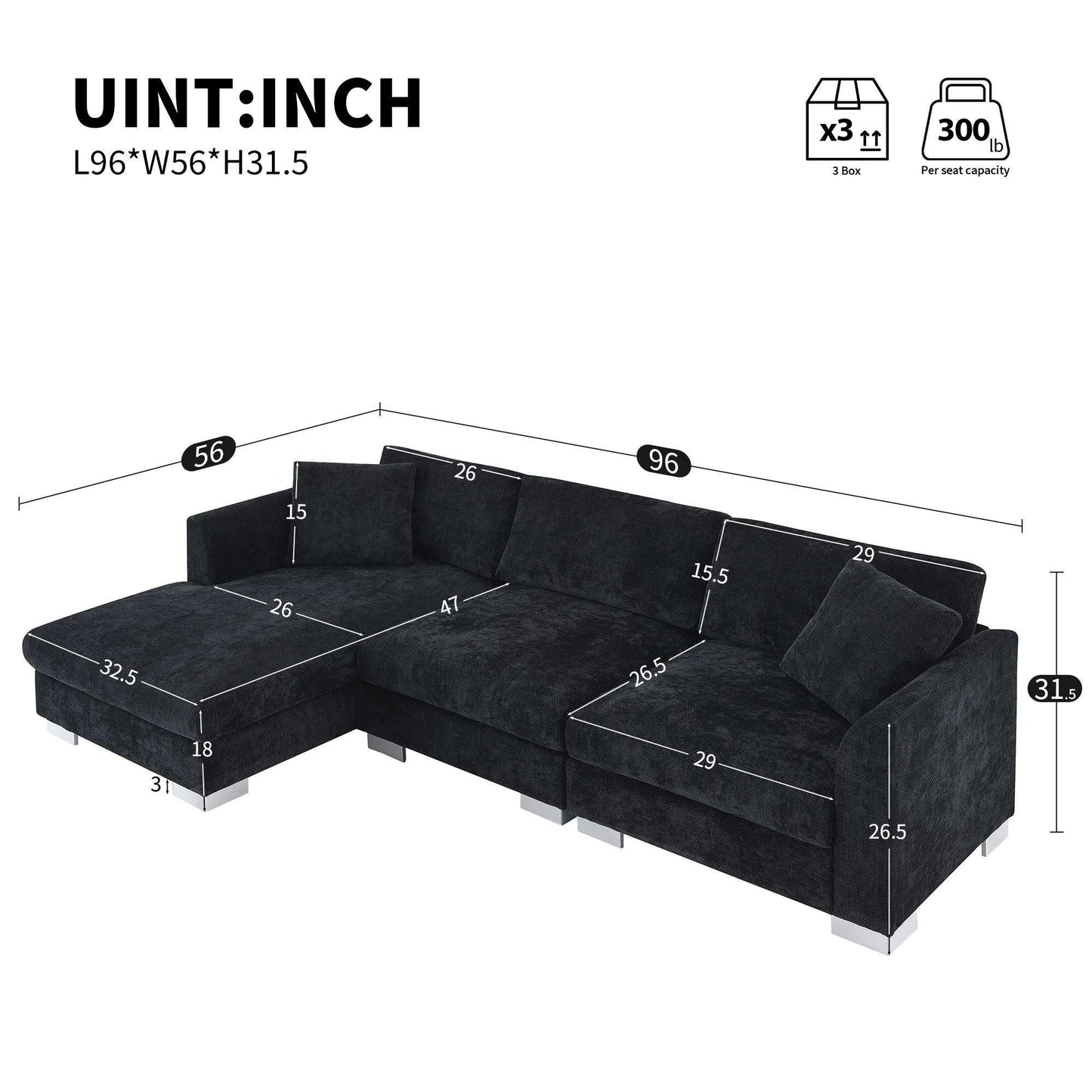 [VIDEO provided][New] 96*56" Modern Cloud Sectional Sofa,L-shaped Luxury Couch Set with 2 Free pillows,4-seat Chenille Indoor Furniture with Oversized Chaise for Living Room,Apartment,Office,3 Colors - luxuryhomedecoridea.com