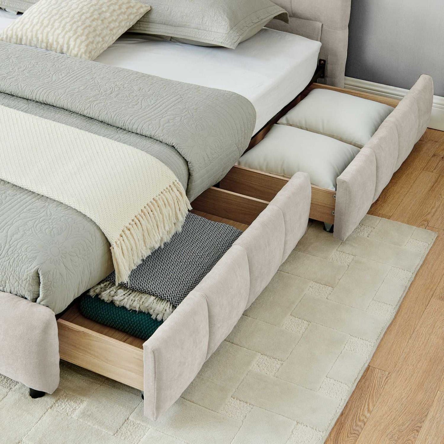 King Size Upholstered Bed ,comfortable upholstered bed frame, Chenille fabric, with headboard and solid bed frame. With drawer for storage.-Beige(88.5''*85.5''*31'') - luxuryhomedecoridea.com